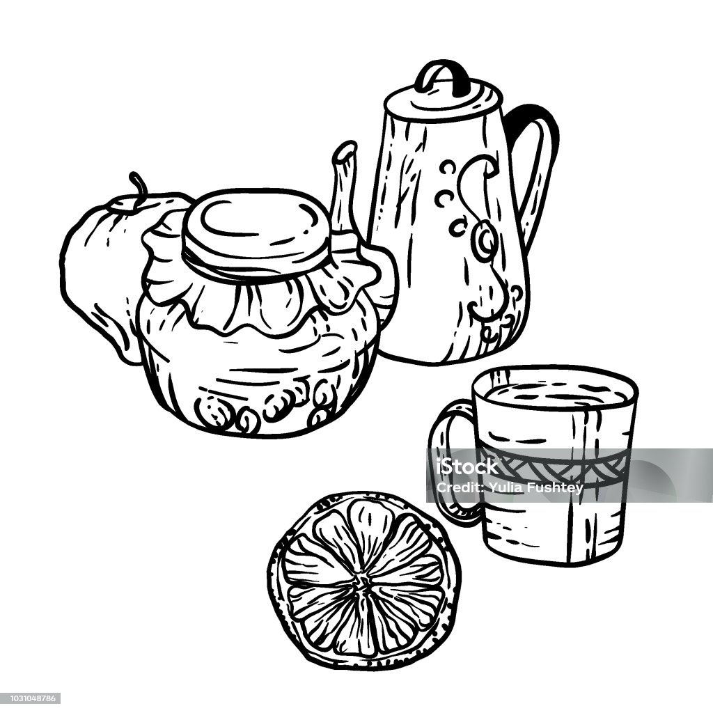 Coloring page in vector with household autumn elements Coloring page in vector with household autumn elements in decorative illustration Apple - Fruit stock vector