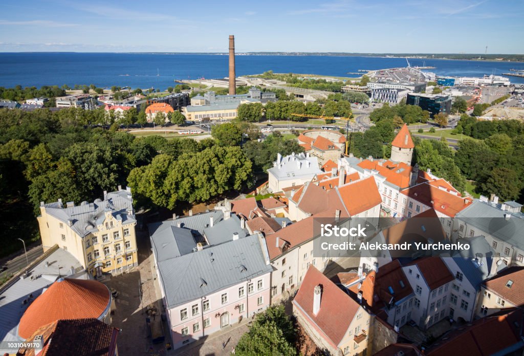 View of the harbor of Tallinn View of the city and harbor from the observation platform on the tower of the Church of St. Olaf in Tallinn Bay of Water Stock Photo