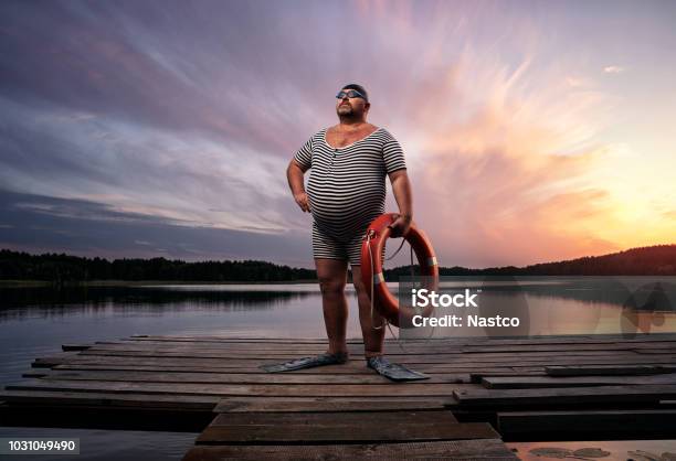 Funny Retro Swimmer Stock Photo - Download Image Now - Humor, Men, Overweight