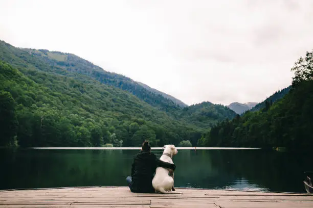 Photo of Woman sitting with a dog on dock at the lake