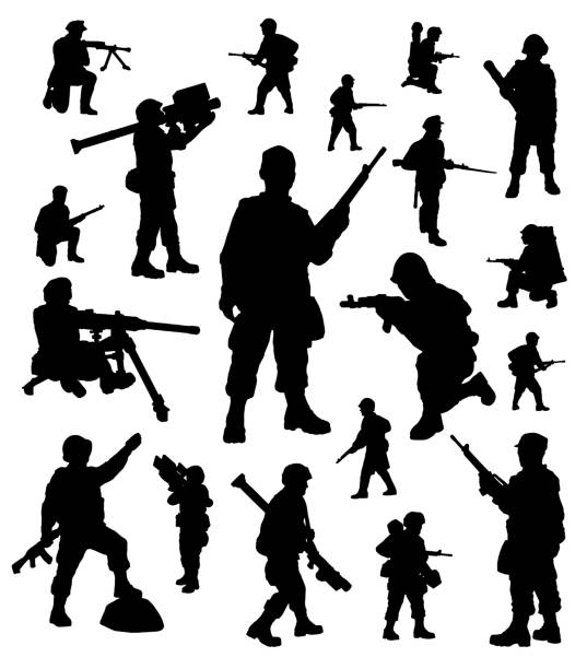 ilustraciones, imágenes clip art, dibujos animados e iconos de stock de colección de siluetas de soldados - silhouette security staff spy security