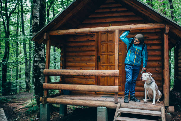 Travel Man standing at the balcony of wooden house in forest with dog 3686 stock pictures, royalty-free photos & images