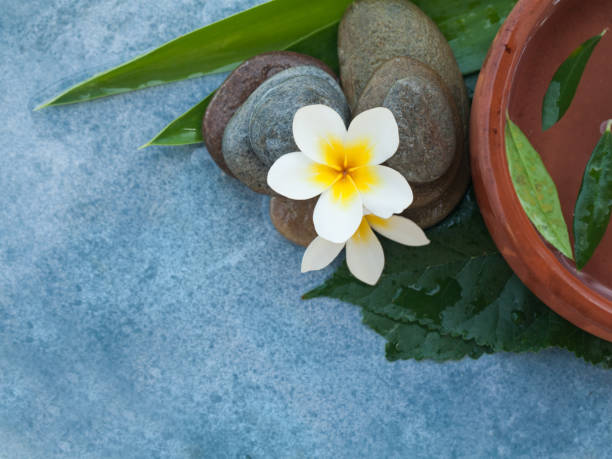 istock Top view of two tropical flowr and stones for relax massage 1031071330