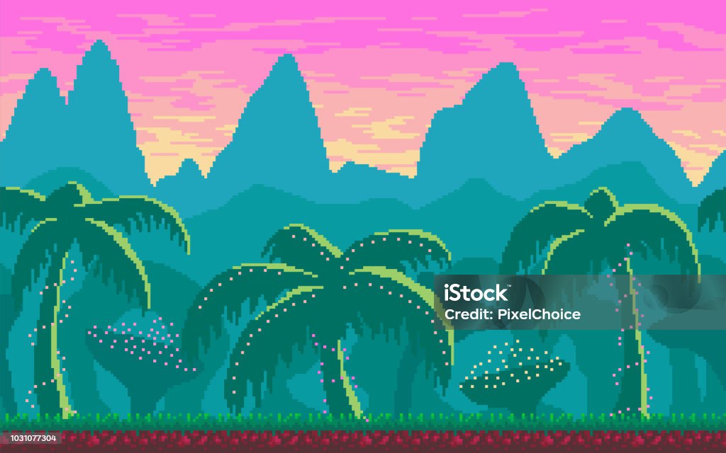 Paisagem sem emenda de pixel art com área de trópicos. - Vetor de Videogame royalty-free
