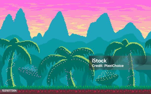 Vetores de Paisagem Sem Emenda De Pixel Art Com Área De Trópicos e mais imagens de Videogame