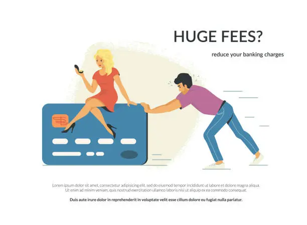 Vector illustration of Huge fees and banking charges. Young man is pushing forward his wife sitting on the big credit card