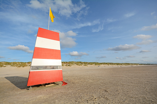 Red-white lifeguard tower on the beach of Henne Strand, Jutland Denmark Europe