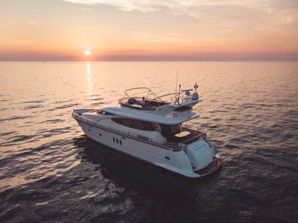 ovanifrån från drone harbor med yacht - on a yacht bildbanksfoton och bilder