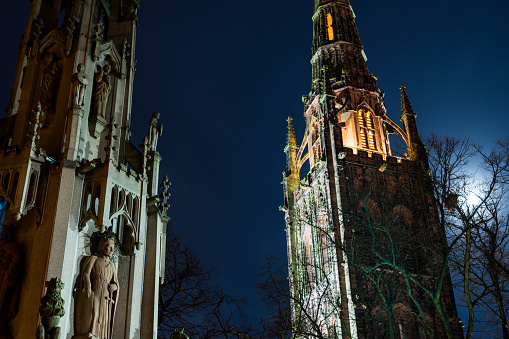 Gothic view of Coventry Cathedral with moon light, Midlands, UK
