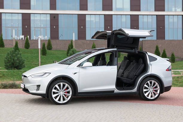 Tesla model X Minsk, Belarus. September, 2018. Exclusive expensive American premium car Tesla model X. High-tech modern development. The robotic car of the future. tesla model x stock pictures, royalty-free photos & images