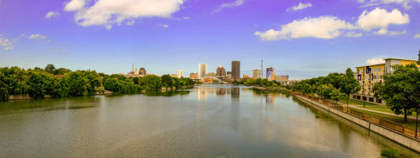 Panoramic Skyline of Rochester New York. Rochester is a city on Lake Ontario, in New York State. Old industrial buildings cluster near the Genesee River’s High Falls stock photo