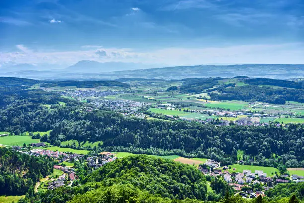 View over Cantons of "Aargau" and "Zug" with alps in the background
