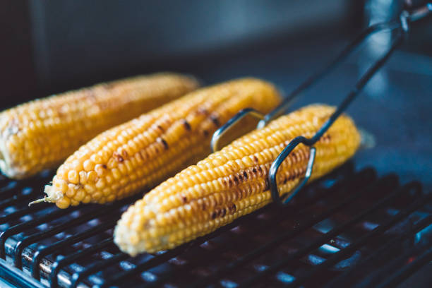 Grilled sweet corn ready to be eaten stock photo