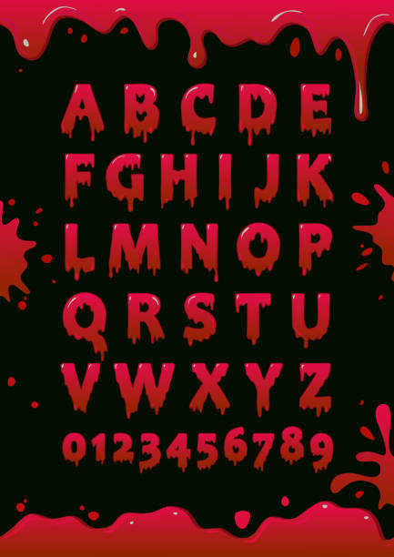 Font of blood. Blot alphabet. Letters and numbers with red slime. Vector poster Font of blood. Blot alphabet. Letters and numbers with red slime. Vector poster human blood stock illustrations