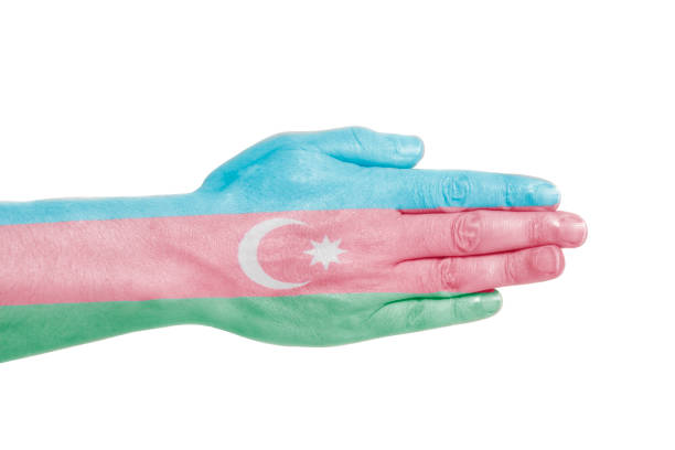 Man hand sign with Azerbaijan flag isolated on white background