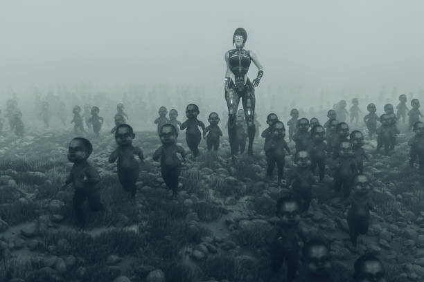 regina zombie cyborg con bambini zombie morti che camminano - alien invasion foto e immagini stock