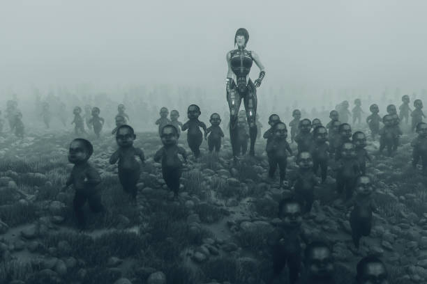 istock Queen zombie cyborg with walking dead zombie children 1031102524