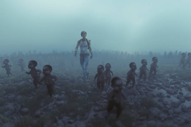 Lone apocalypse survivor with walking dead zombie children
