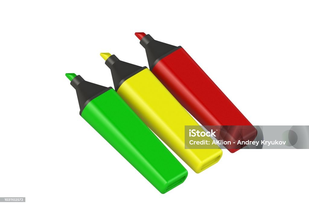 Three Colored Markers On A White Background Light From Felttip Pens Isolate  On White Background 3d Render Of The Marker Model Stock Photo - Download  Image Now - iStock