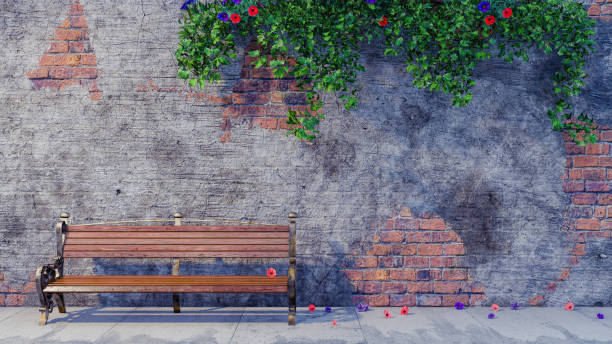 alten holzbank vor alten ziegel wand hintergrund 3d render - dirty bench empty park stock-fotos und bilder