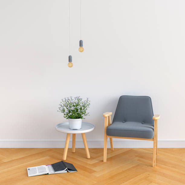 istock gray armchair in white room, 3D rendering 1031102858