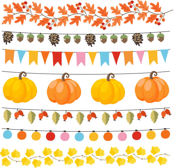 ilustraciones, imágenes clip art, dibujos animados e iconos de stock de conjunto de lindo otoño, caída de guirnaldas con luces, banderas, bellotas, hojas, calabazas, piñas y escaramujos. colección de decoraciones de fiesta de acción de gracias. aislados de los objetos vectoriales. - autumn collection