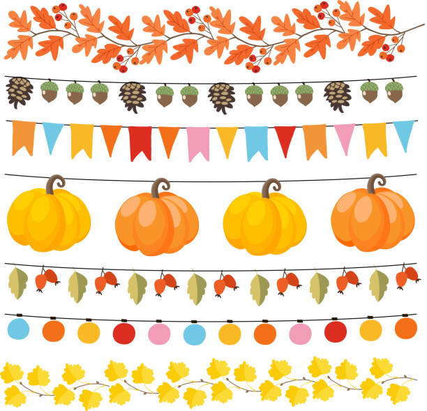 ilustrações de stock, clip art, desenhos animados e ícones de set of cute autumn, fall garlands with lights, flags, acorns, leaves, pumpkins, pine cones and rose hips. collection of thanksgiving garden party decorations. isolated vector objects. - autumn collection