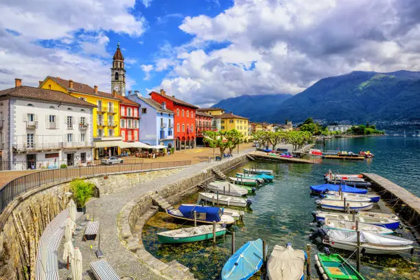 Ascona Old Town, Switzerland, is a popular tourist destination on Lago Maggiore in Alps Mountains