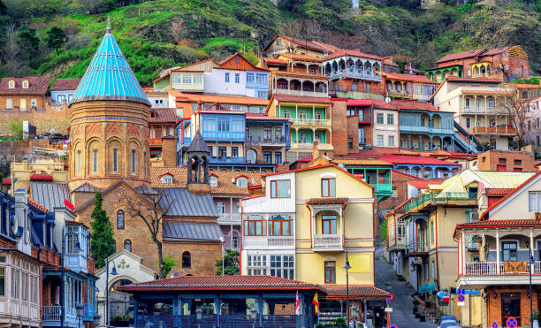 The Old Town of Tbilisi, Georgia Colorful traditional houses with wooden carved balconies in the Old Town of Tbilisi, Georgia caucasus stock pictures, royalty-free photos & images