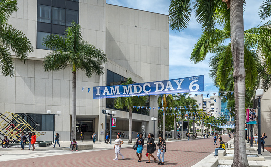Miami, Florida, USA - September 3, 2018: Busy day at Wolfson campus in the Miami Dade College. Founded in 1959, Miami Dade is the largest college with over 165,000 students and has eight campuses and twenty-one outreach centers located throughout Miami-Dade County.