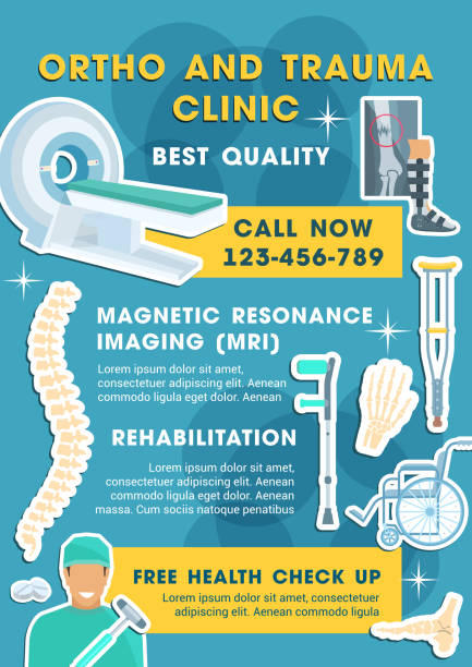 Vector medical poster for ortho and trauma clinic Ortho and trauma clinic medical poster for health checkup. Vector design of tomography or MRI scanner, treatment pills and traumatology doctor or orthopedics crutch and spine joints ortho trauma stock illustrations