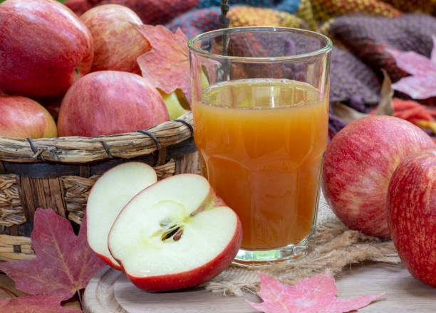 Glass of Apple Cider and Fresh Red Apples Closeup of a glass of apple cider and fresh red apples with autumn leaves and blanket in background apple juice photos stock pictures, royalty-free photos & images