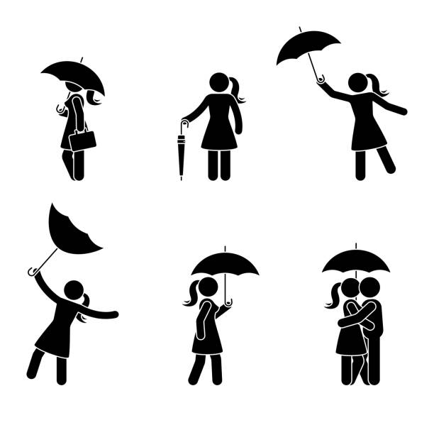 ilustrações de stock, clip art, desenhos animados e ícones de stick figure woman with various umbrella icon set. female and kissing couple under the rain on white background - protection umbrella people stick figure