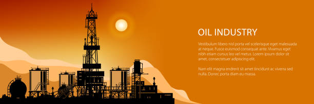 ilustraciones, imágenes clip art, dibujos animados e iconos de stock de silueta de banner de plataformas de perforación - oil rig onshore drilling rig borehole