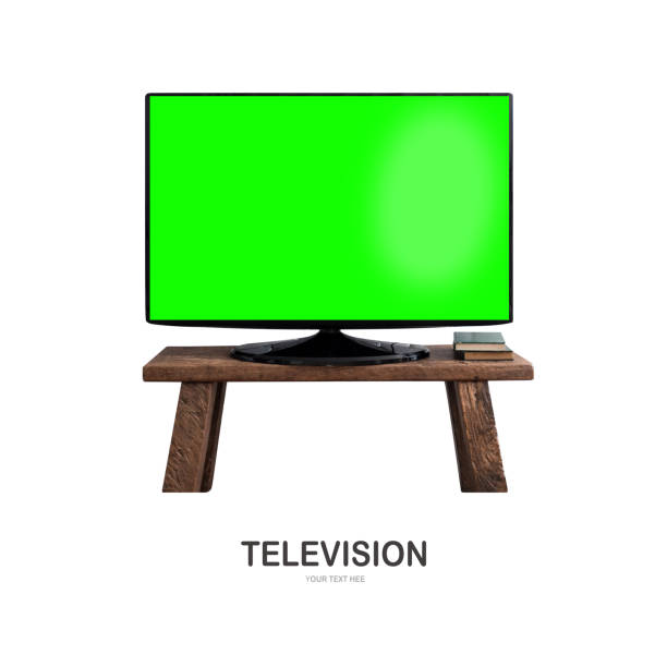 istock Empty green flat TV screen on wood stand ,Isolated on white background. 1031185002