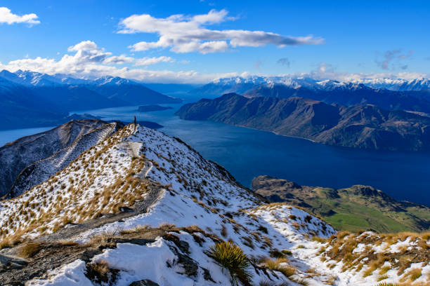 Roy's Peak covered with snow in winter, Wanaka, New Zealand stock photo