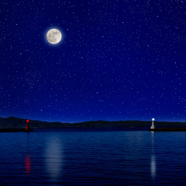 istock Full moon rising over the sea and the lighthouse. 1031196264