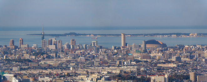 Aerial view of Fukuoka city in Japan, with the sea in the background