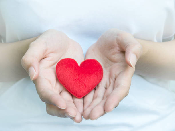 istock Closeup red heart shape fabric on woman hands 1031213960