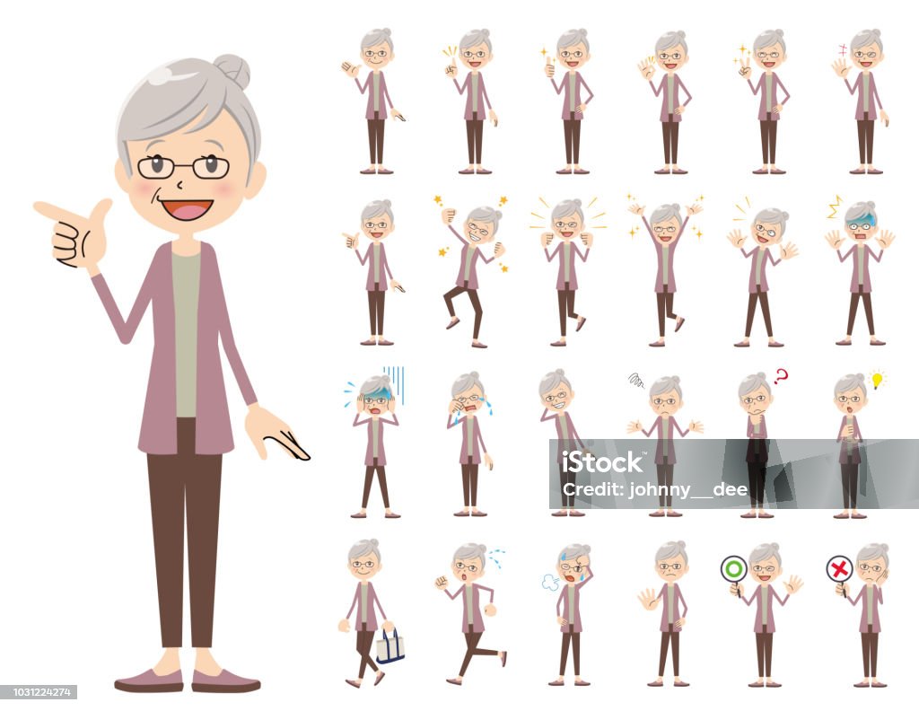 female charactor set. Various poses and emotions. It is a character set of a woman. There are basic emotional expression and pose. It's vector art so it's easy to edit. Senior Adult stock vector
