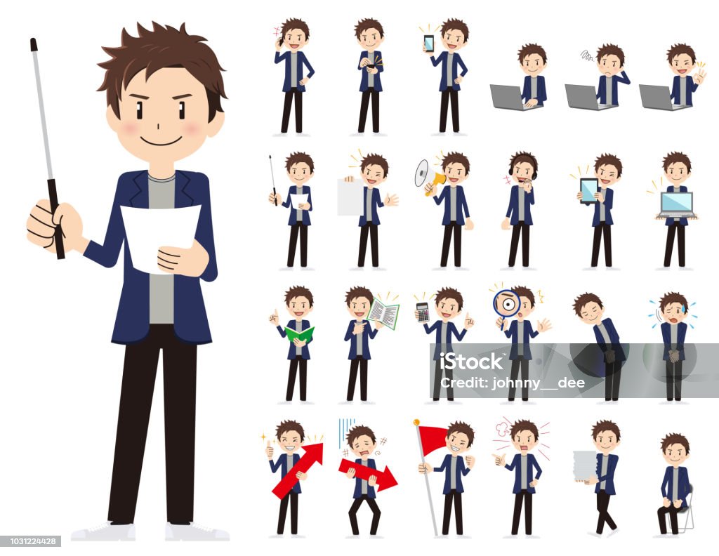 male charactor set. Presenting in various action. It is a character set of a man. There are gestures and poses mainly explained. It's vector art so it's easy to edit. Adult stock vector