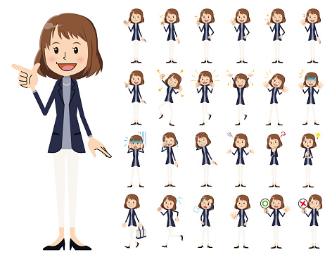 It is a character set of a woman. There are basic emotional expression and pose. It's vector art so it's easy to edit.