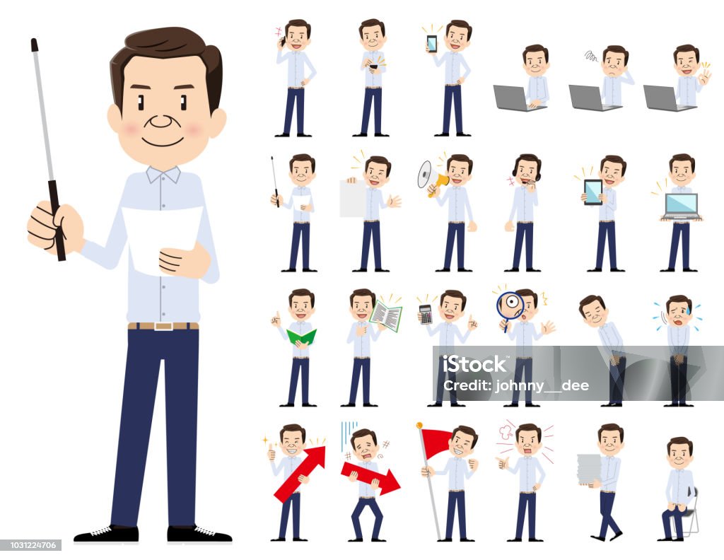 male charactor set. Presenting in various action. It is a character set of a man. There are gestures and poses mainly explained. It's vector art so it's easy to edit. Adult stock vector