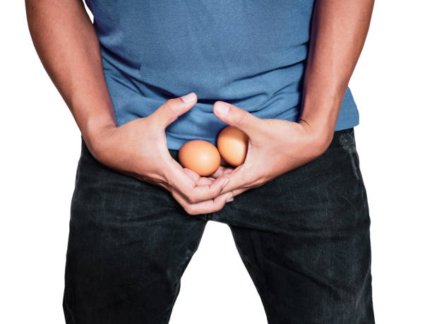 Testicular cancer Man hands holding eggs on middle crotch of trousers with pain action isolated on white background. Penile Cancer stock pictures, royalty-free photos & images