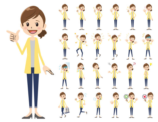 weibliche zeichensatz. verschiedene posen und emotionen. - one person happiness pointing full length stock-grafiken, -clipart, -cartoons und -symbole