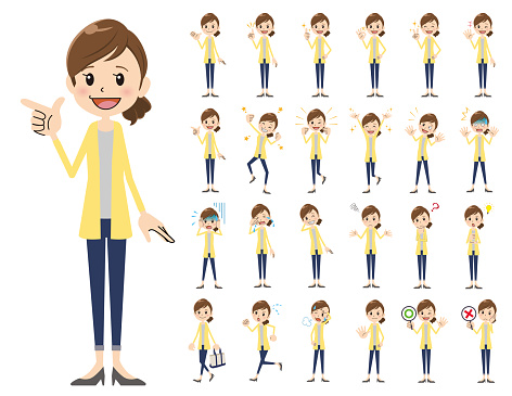 It is a character set of a woman. There are basic emotional expression and pose. It's vector art so it's easy to edit.