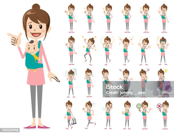 Female Charactor Set Various Poses And Emotions Stock Illustration - Download Image Now - Baby - Human Age, Mother, Women