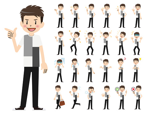 It is a character set of a man. There are basic emotional expression and pose. It's vector art so it's easy to edit.