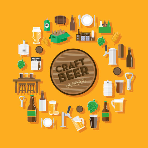 ilustraciones, imágenes clip art, dibujos animados e iconos de stock de plantilla de diseño de fondo arte cervecería icono con texto de colocación - alambique