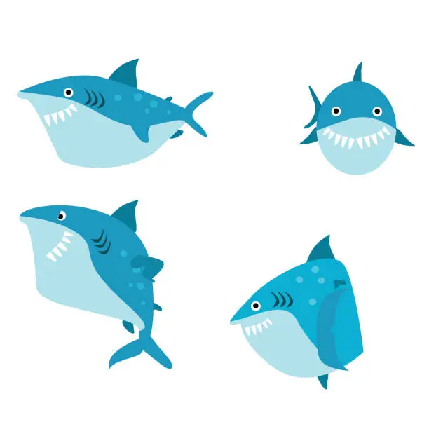 Vector illustration of cute and funny blue shark in various poses, cartoon character